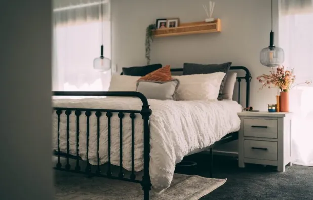 Dornford renovation — bedroom with pendant lights
